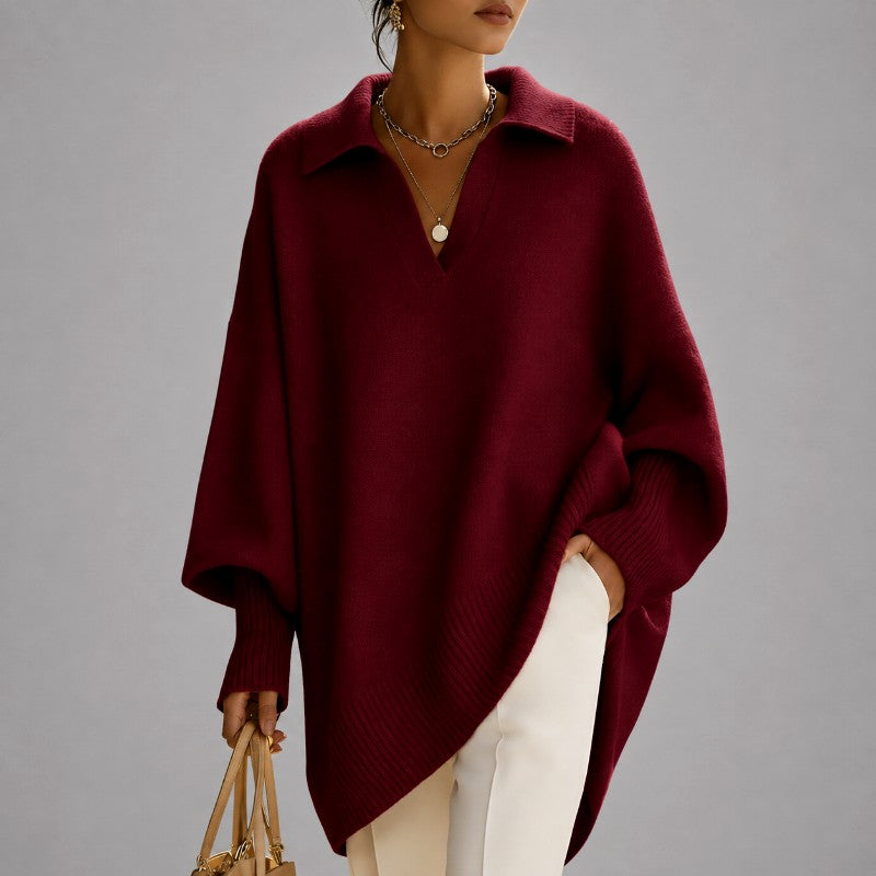 Corinne - Women's Collared V-Neck Poncho Sweater 2