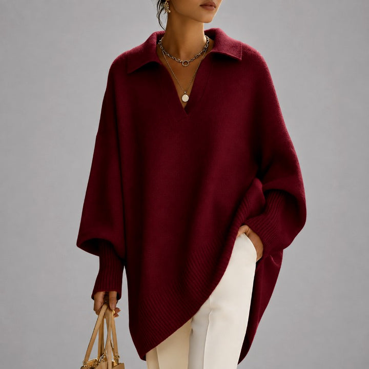 Corinne - Women's Collared V-Neck Poncho Sweater 2