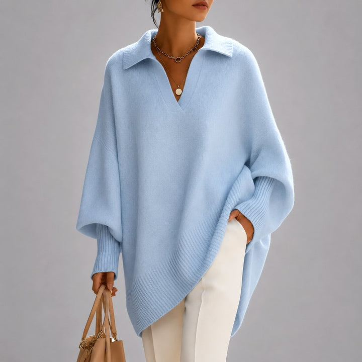 Corinne - Women's Collared V-Neck Poncho Sweater 3
