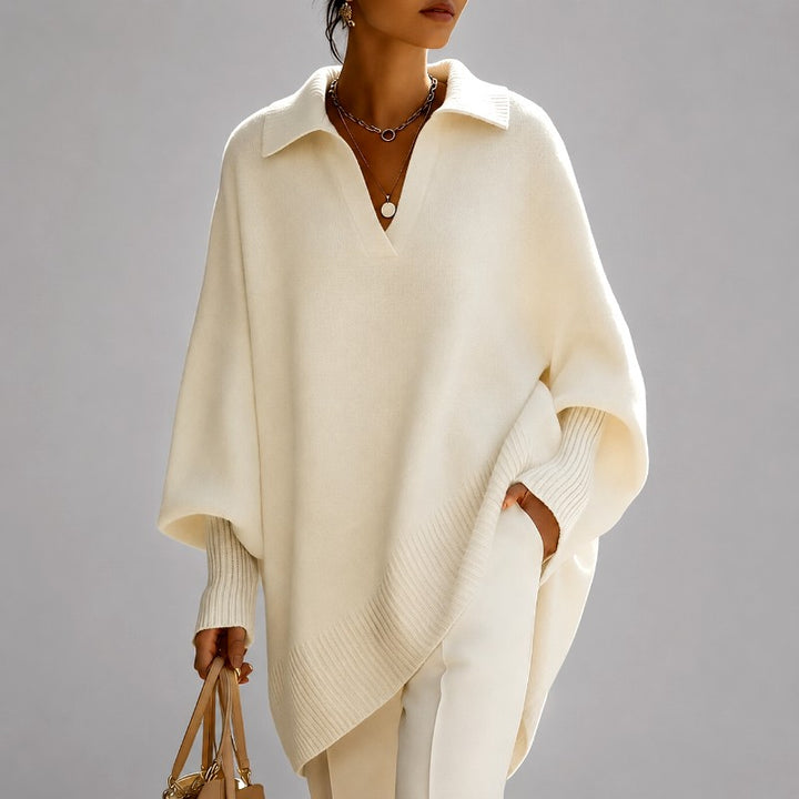 Corinne - Women's Collared V-Neck Poncho Sweater 4