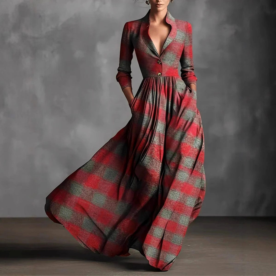 Corinne - Women's Plaid Long Sleeve A-Line Maxi Dress 1
