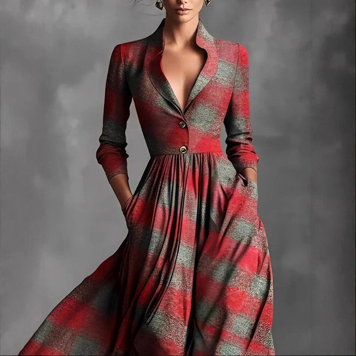 Corinne - Women's Plaid Long Sleeve A-Line Maxi Dress 2