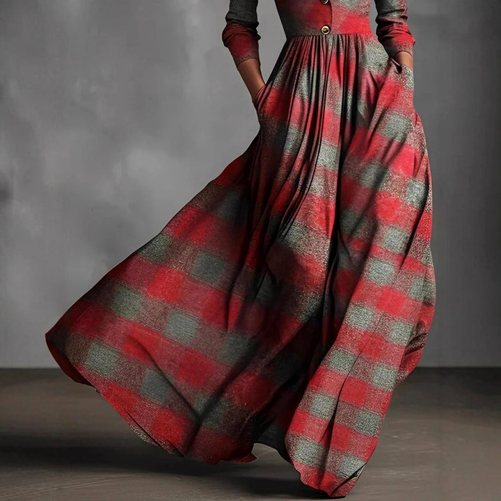 Corinne - Women's Plaid Long Sleeve A-Line Maxi Dress 3