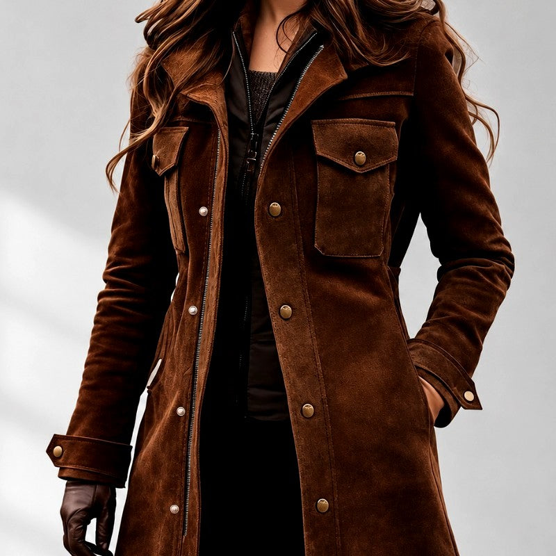 Courteney - Women's Suede Longline Jacket with Flap Pockets 2