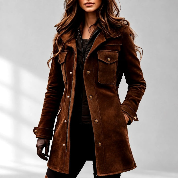 Courteney - Women's Suede Longline Jacket with Flap Pockets 3