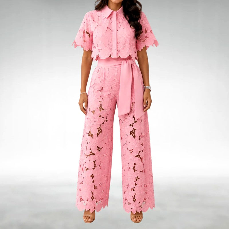 Daffodil - Women's Floral Cutout Wide Leg Matching Set