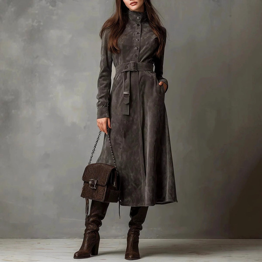 Daphne - Women's Suede High Collar Button-Up Midi Dress 1