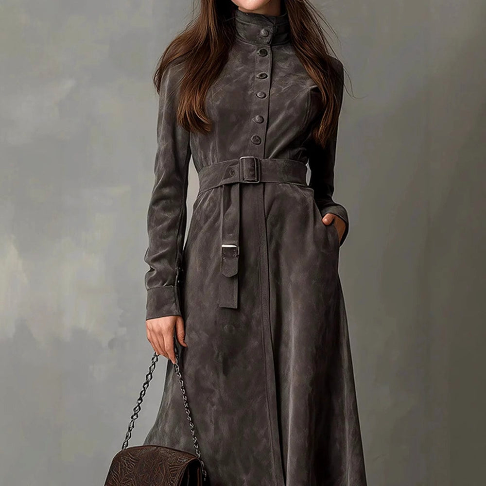 Daphne - Women's Suede High Collar Button-Up Midi Dress 2