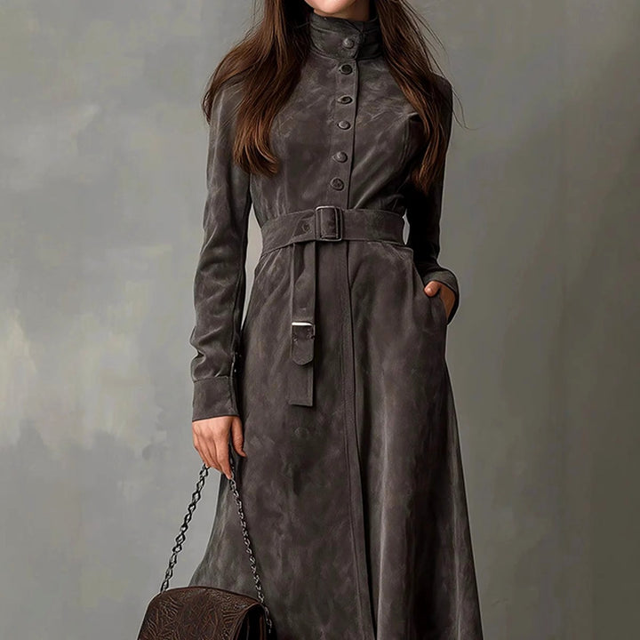 Daphne - Women's Suede High Collar Button-Up Midi Dress 2