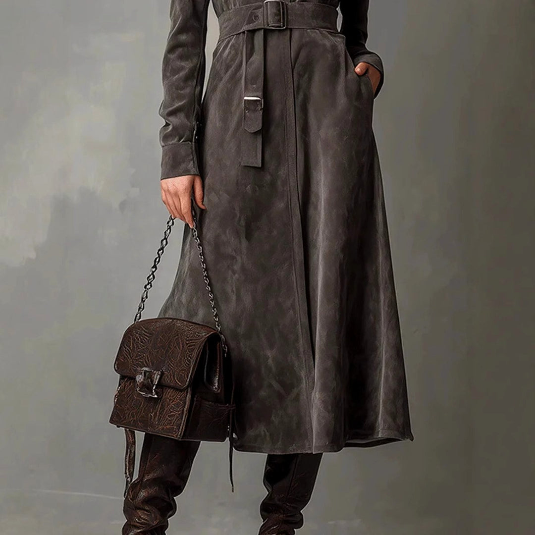 Daphne - Women's Suede High Collar Button-Up Midi Dress 3