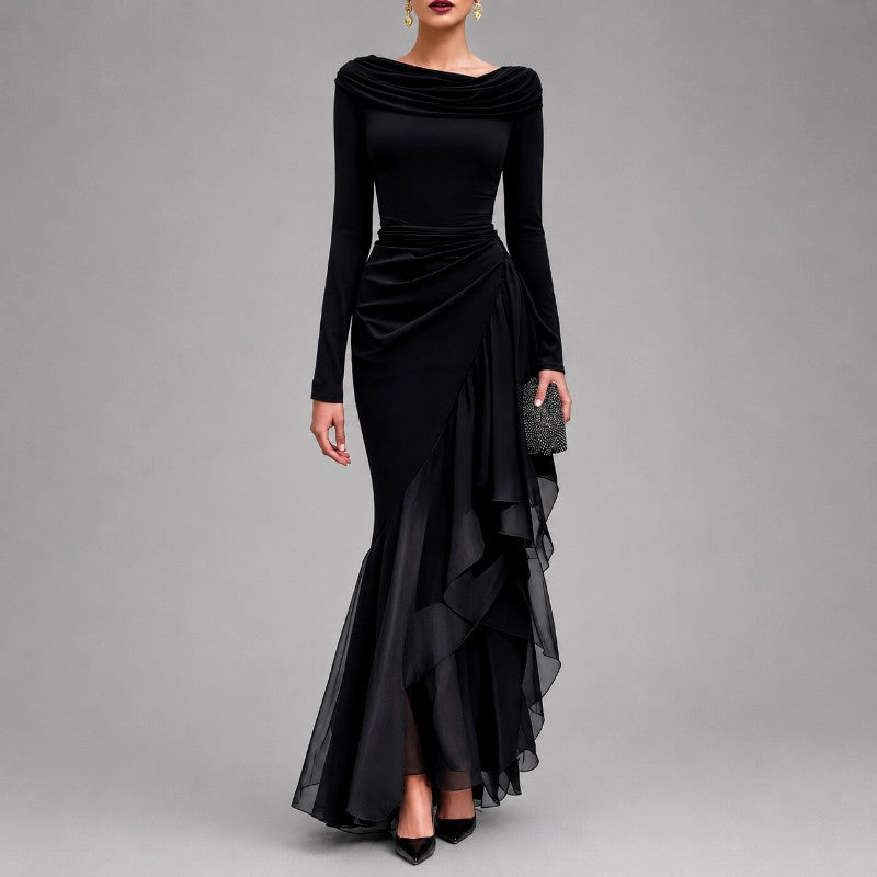 Deanna - Women's Cowl Neck Ruffle Evening Maxi Dress 1