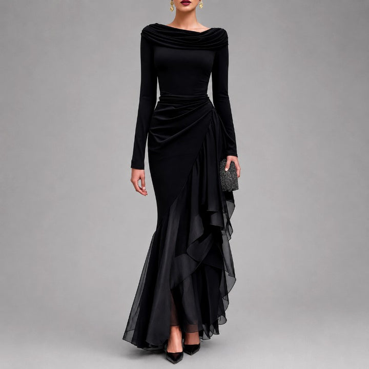 Deanna - Women's Cowl Neck Ruffle Evening Maxi Dress 1