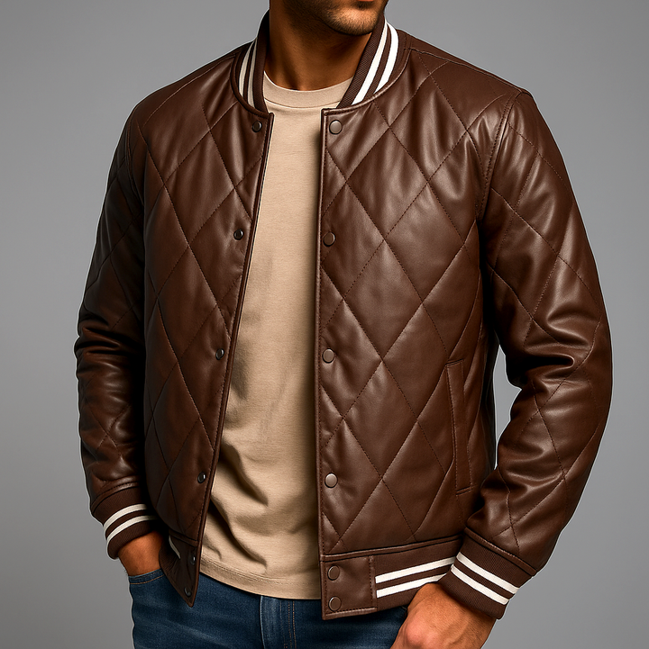 Declan - Men's Diamond-Stitched Leather Bomber Jacket