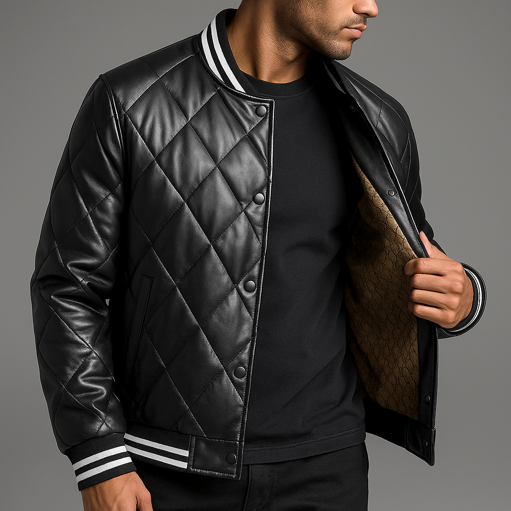 Declan - Men's Diamond-Stitched Leather Bomber Jacket