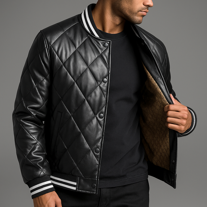 Declan - Men's Diamond-Stitched Leather Bomber Jacket
