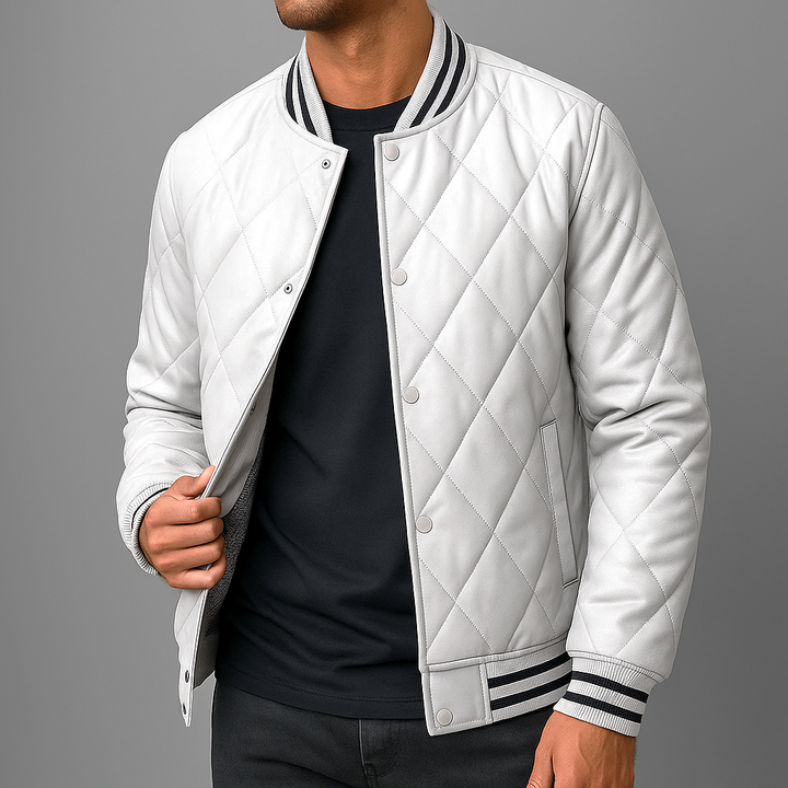 Declan - Men's Diamond-Stitched Leather Bomber Jacket