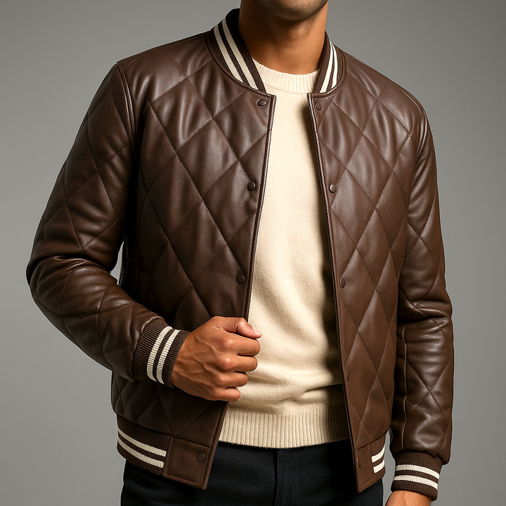 Declan - Men's Diamond-Stitched Leather Bomber Jacket