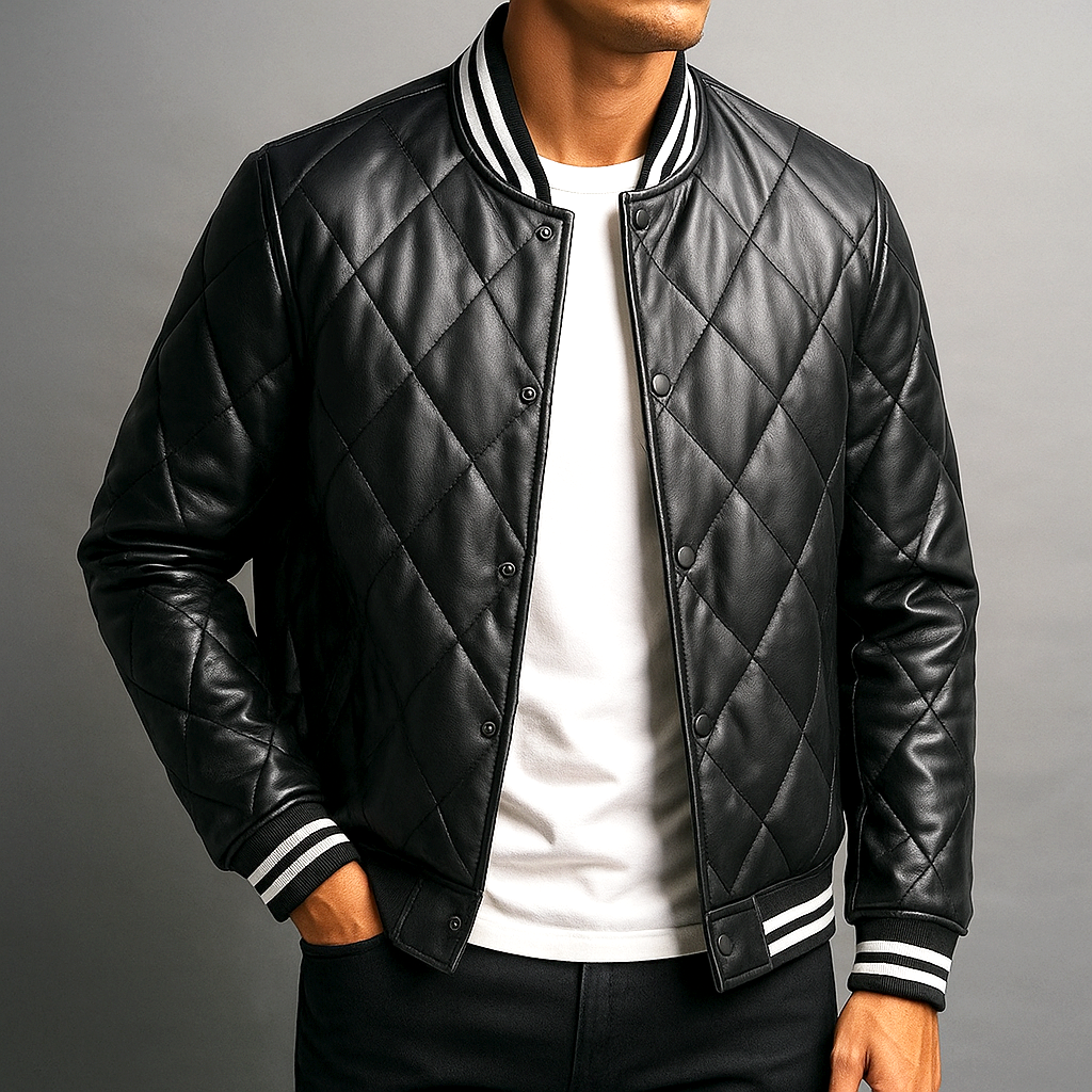 Declan - Men's Diamond-Stitched Leather Bomber Jacket