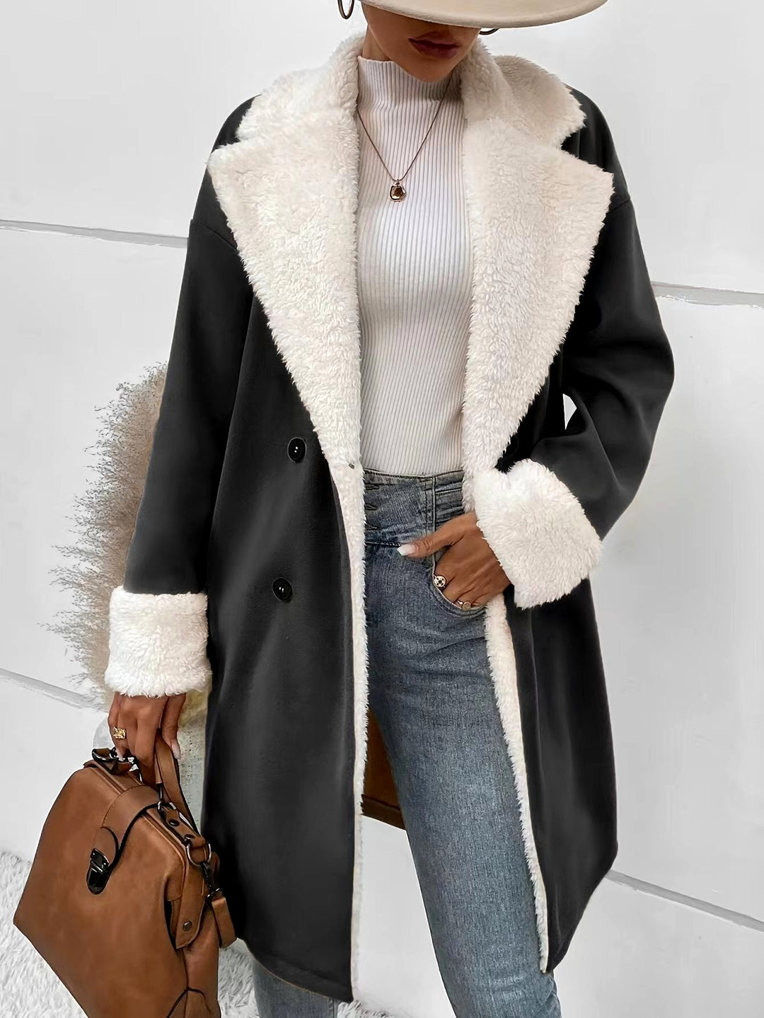 Delaney - Women’s Fleece Trim Longline Coat with Cuffs 4