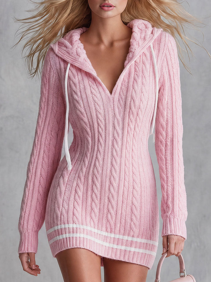 Delilah - Women's V-Neck Cable-Knit Mini Dress with Hood