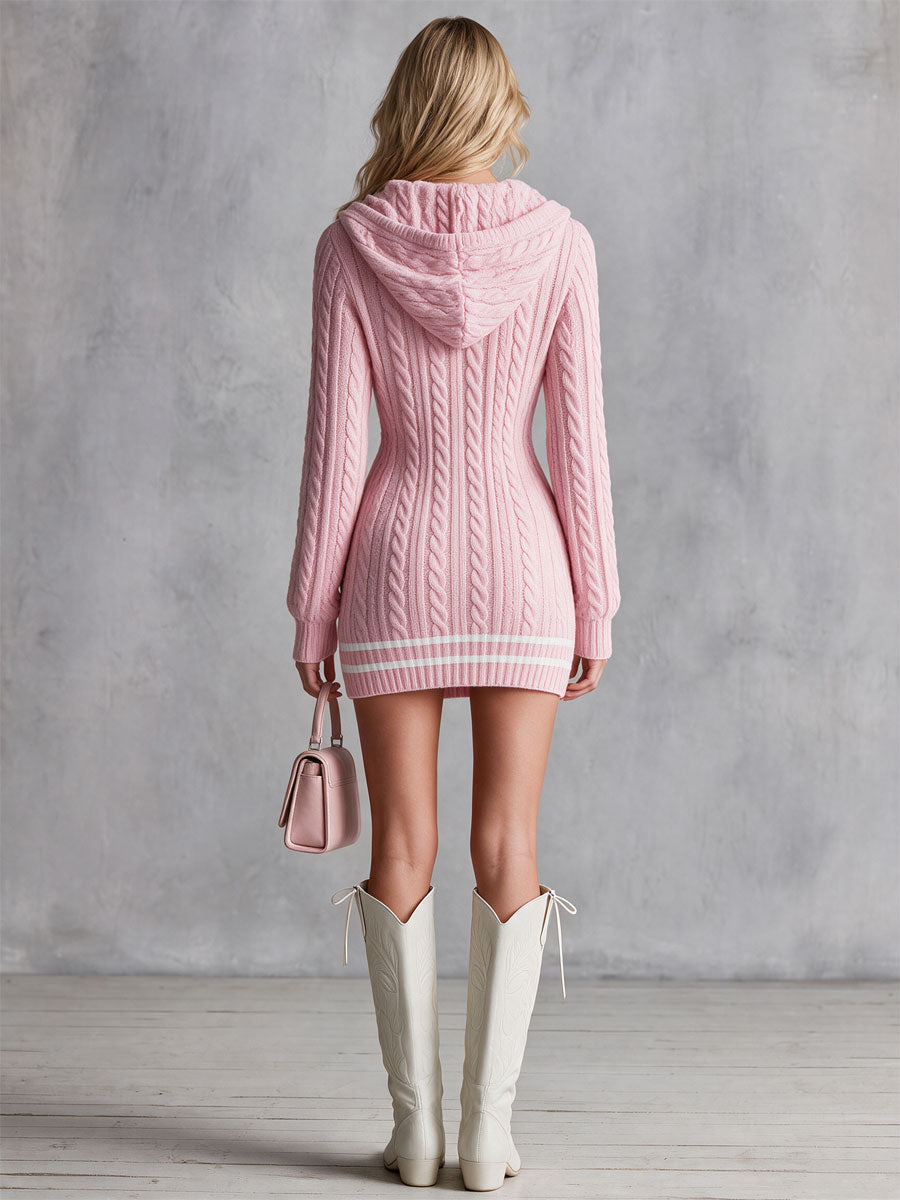Delilah - Women's V-Neck Cable-Knit Mini Dress with Hood