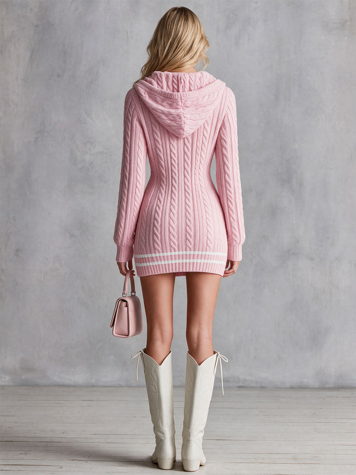 Delilah - Women's V-Neck Cable-Knit Mini Dress with Hood