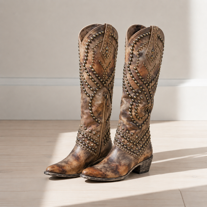 Delly - Women's Studded Western Knee-High Boots