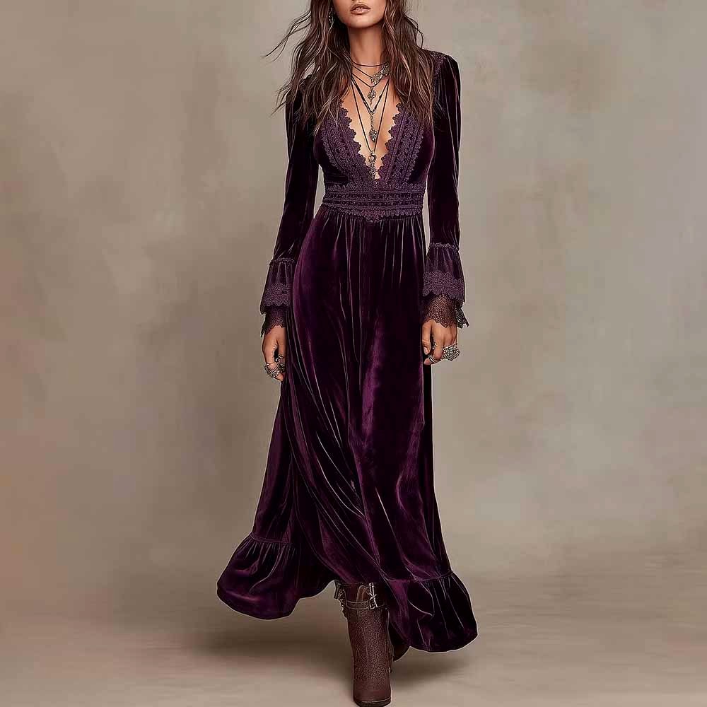 Demetria - Women's Velvet Lace V-Neck Evening Dress 1