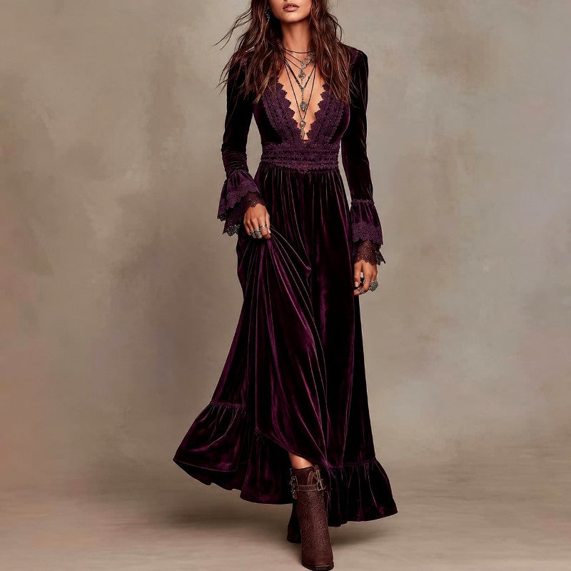 Demetria - Women's Velvet Lace V-Neck Evening Dress 2