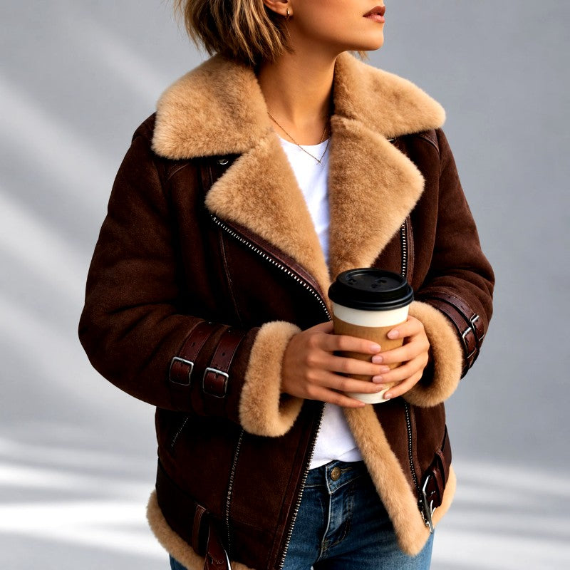 Dianne - Women’s Faux Suede Shearling Moto Jacket 2