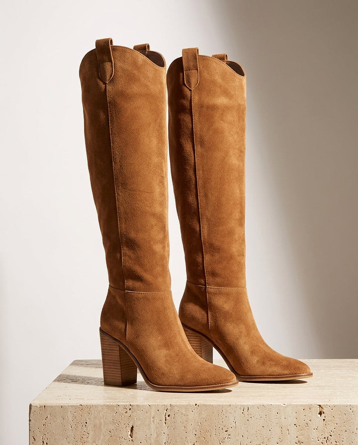 Divine - Women's Slouchy Suede Knee-High Boots with Block Heel