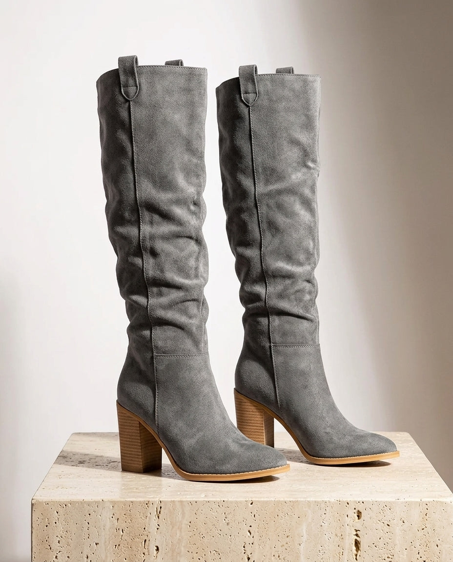 Divine - Women's Slouchy Suede Knee-High Boots with Block Heel
