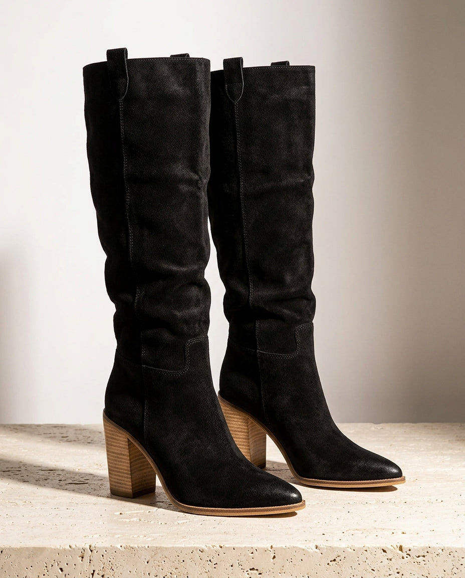 Divine - Women's Slouchy Suede Knee-High Boots with Block Heel