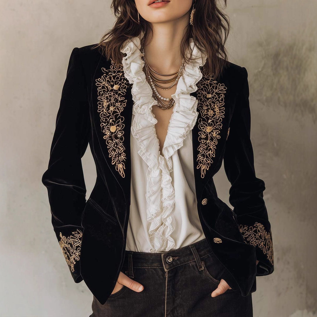 Dorothy - Women's Floral-Embroidered Velvet Tailored Blazer 1