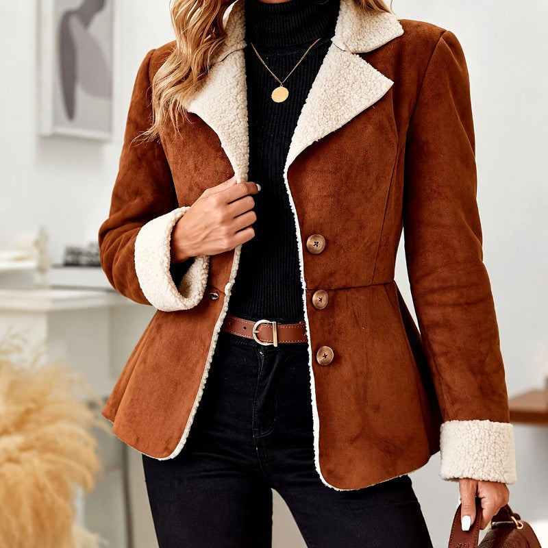 Drusilla - Women’s Faux Suede Shearling Lined Peplum Jacket 2
