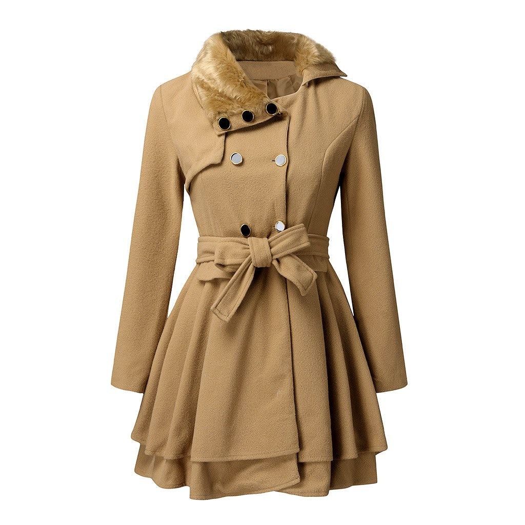 Edith - Women’s Faux Fur Collar Belted Flared Coat 2