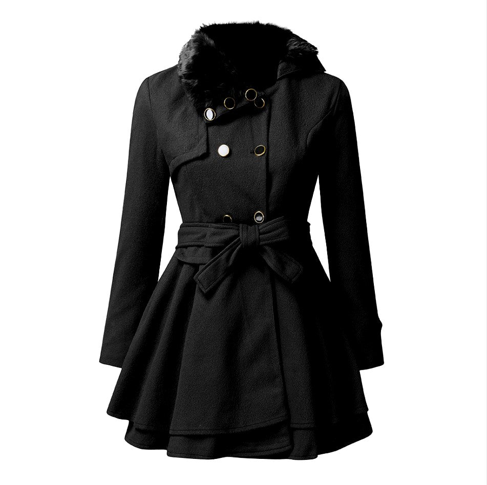 Edith - Women’s Faux Fur Collar Belted Flared Coat 3