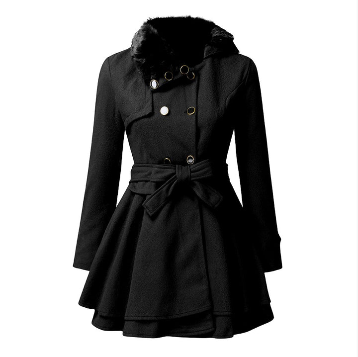 Edith - Women’s Faux Fur Collar Belted Flared Coat 3
