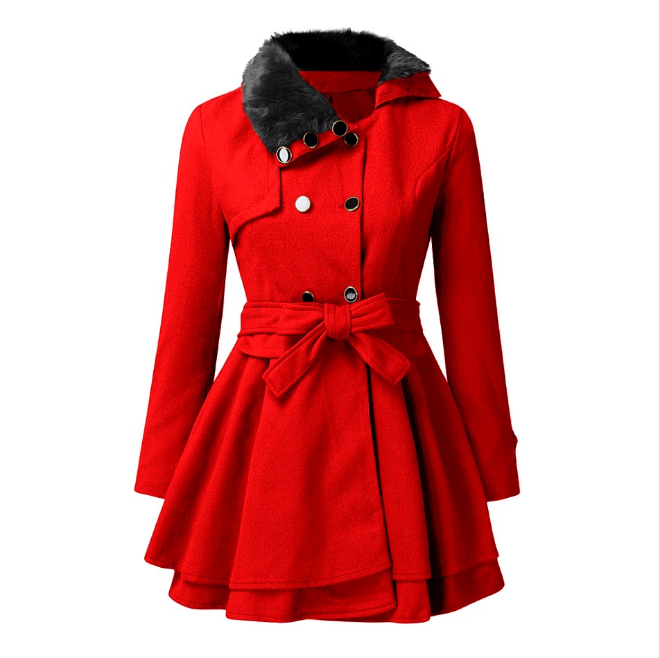 Edith - Women’s Faux Fur Collar Belted Flared Coat 4