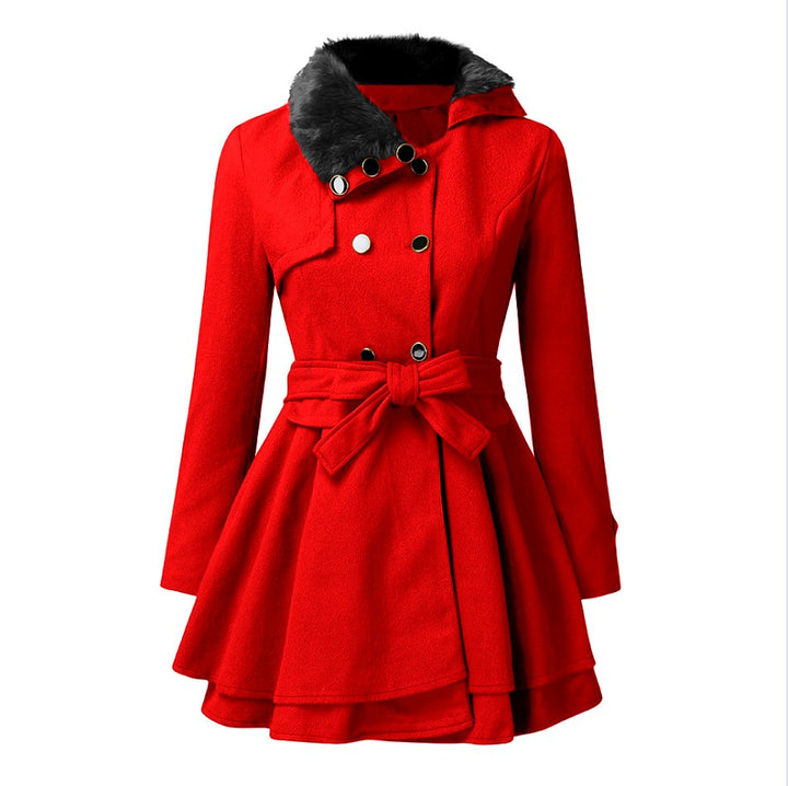 Edith - Women’s Faux Fur Collar Belted Flared Coat 4