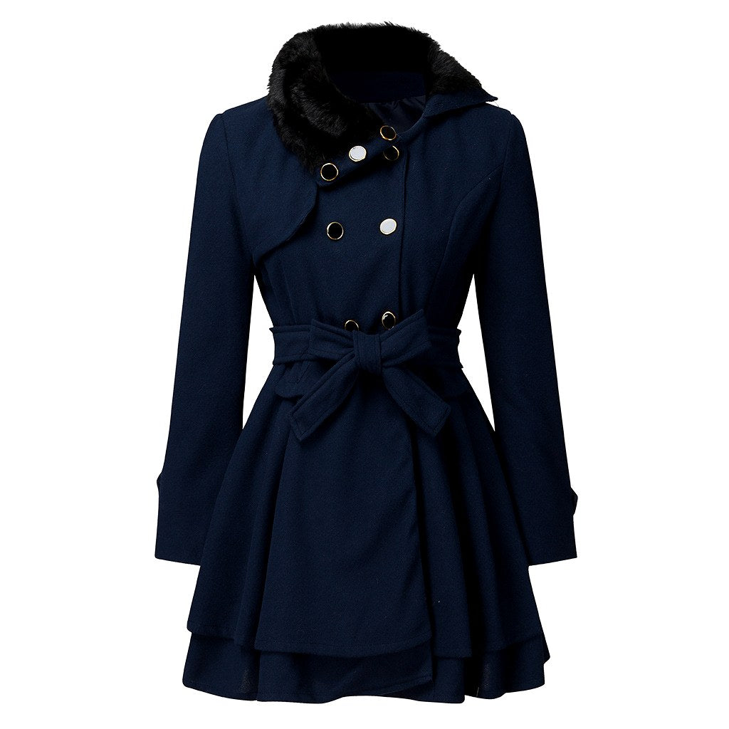 Edith - Women’s Faux Fur Collar Belted Flared Coat 5