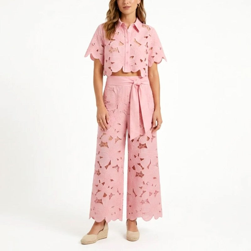 Edwina - Women's Lace Floral Cropped Wide Leg Matching Set