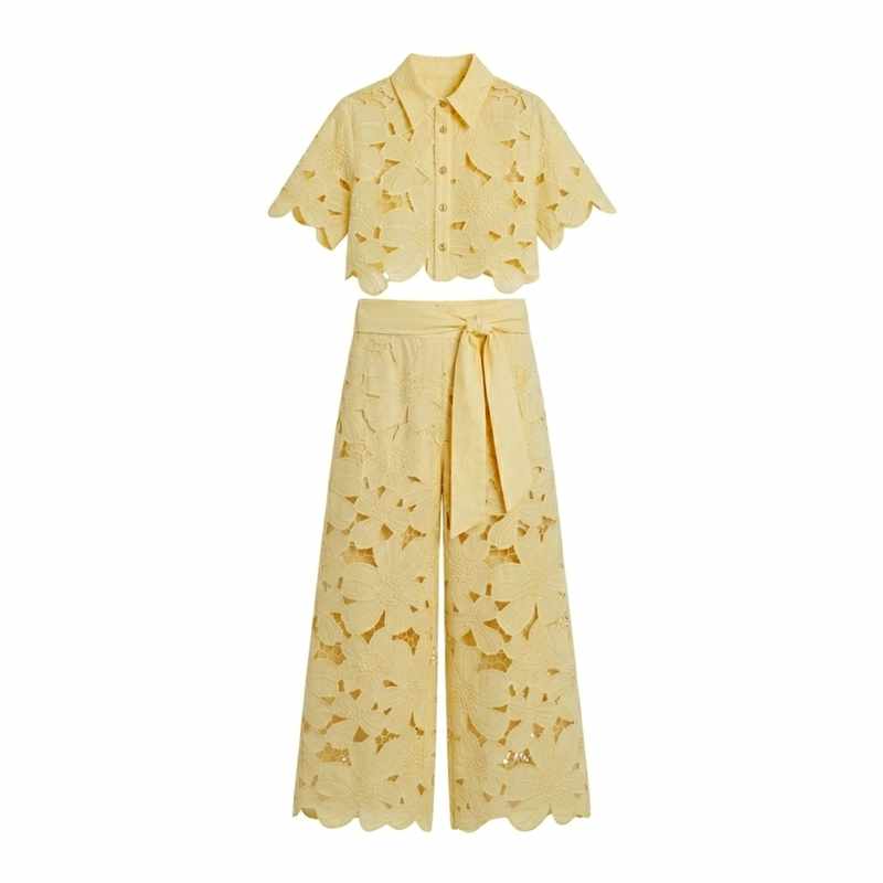 Edwina - Women's Lace Floral Cropped Wide Leg Matching Set