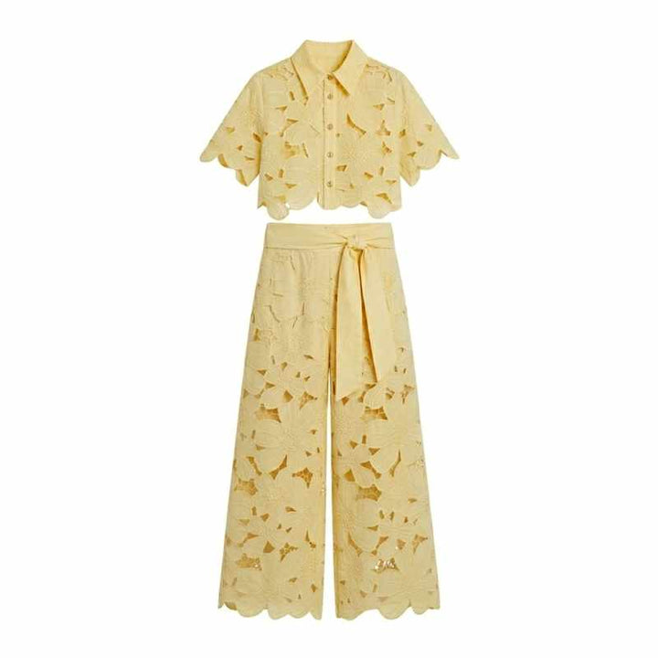 Edwina - Women's Lace Floral Cropped Wide Leg Matching Set