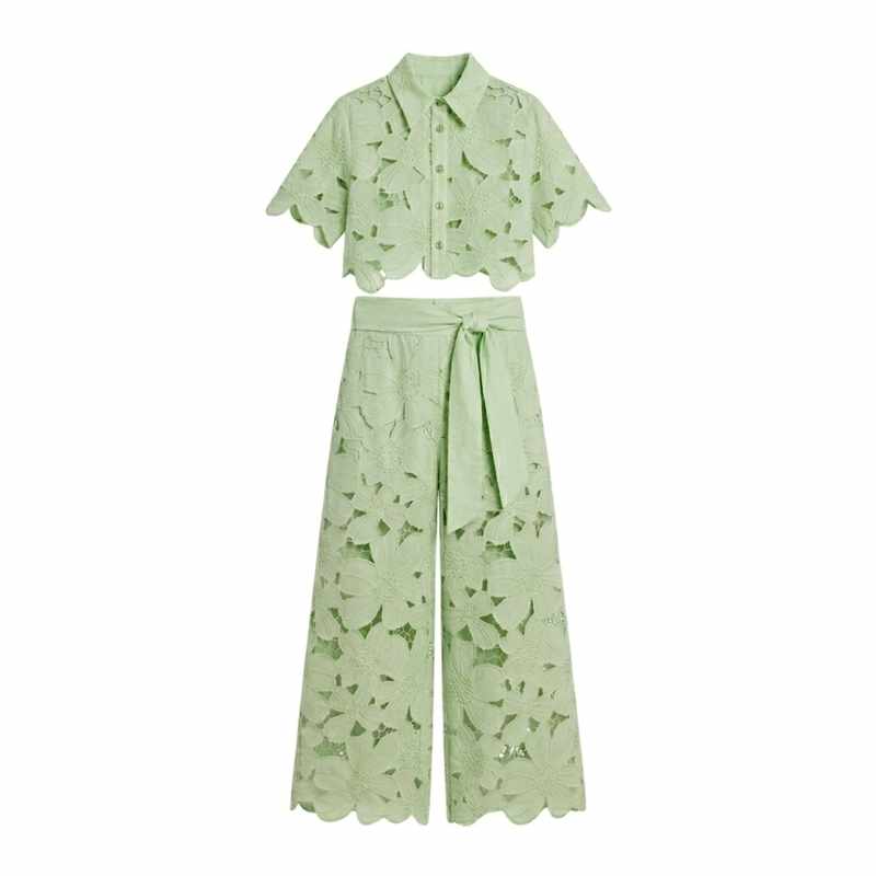Edwina - Women's Lace Floral Cropped Wide Leg Matching Set