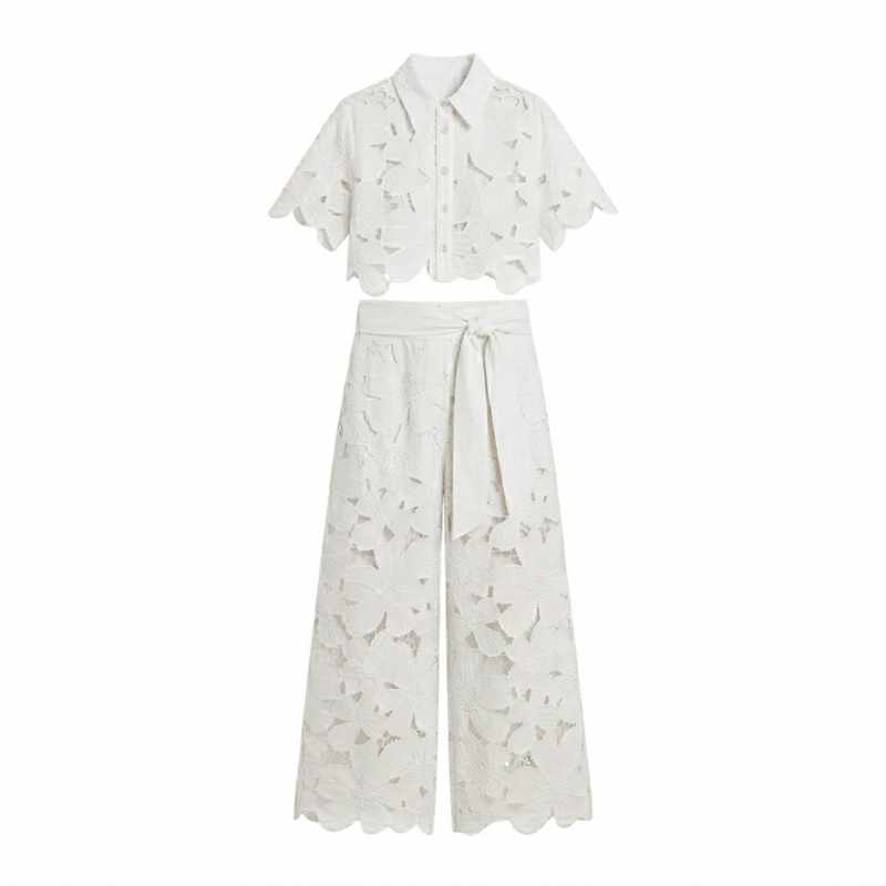 Edwina - Women's Lace Floral Cropped Wide Leg Matching Set