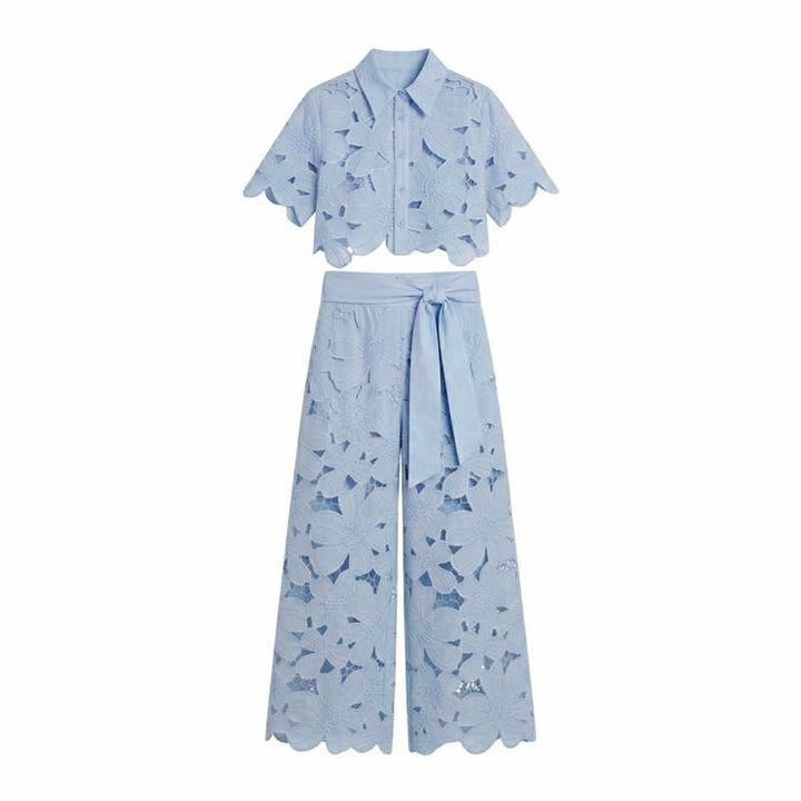 Edwina - Women's Lace Floral Cropped Wide Leg Matching Set