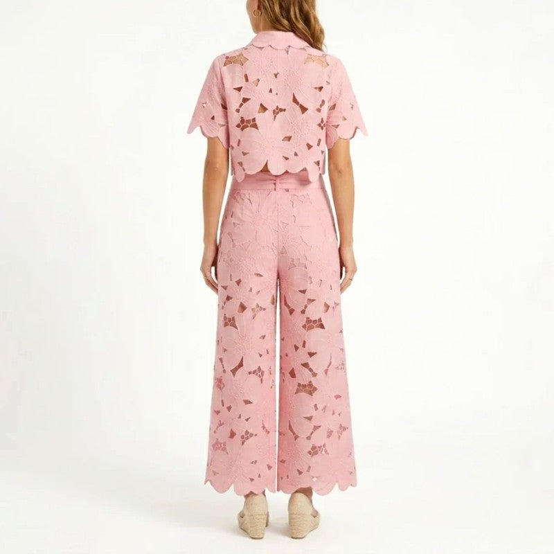 Edwina - Women's Lace Floral Cropped Wide Leg Matching Set