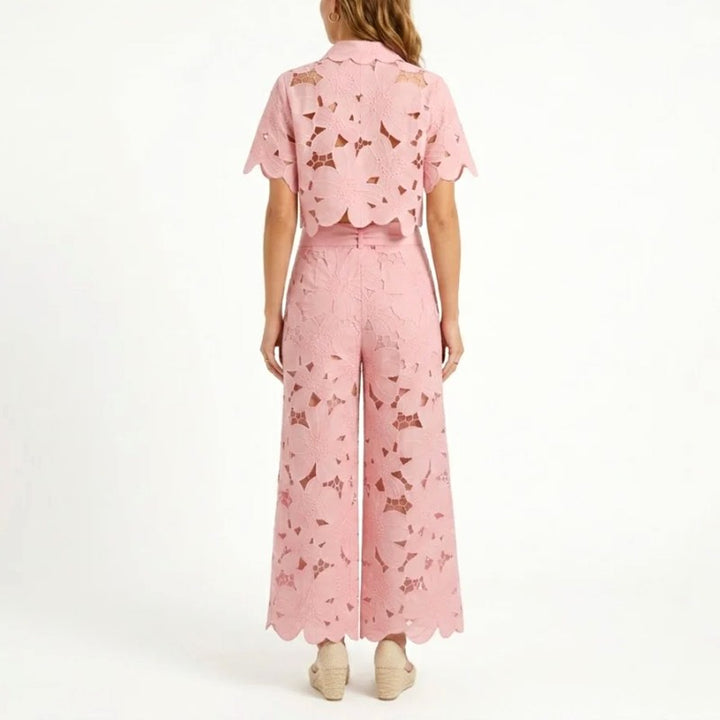 Edwina - Women's Lace Floral Cropped Wide Leg Matching Set