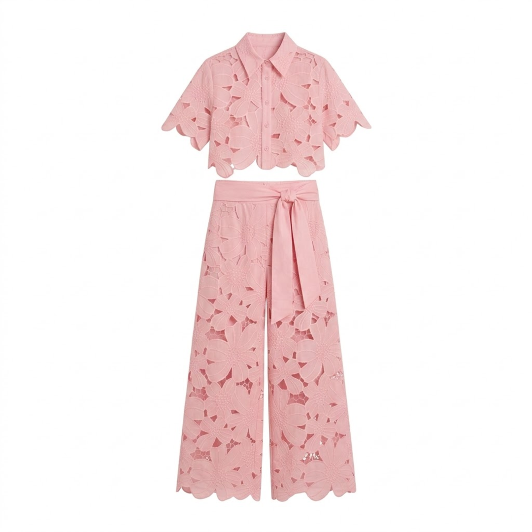 Edwina - Women's Lace Floral Cropped Wide Leg Matching Set
